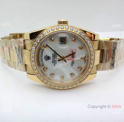 Copy Rolex Day-Date 36 Watch Oyster Strap White MOP Dial Mingzhu